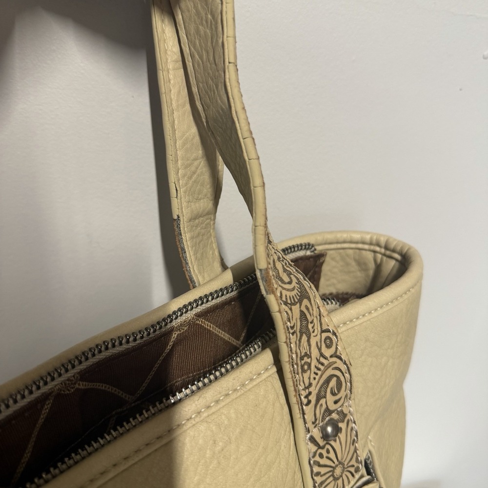 Wrangler Brown Western Tote Tooled Embossed Hair-On Fringe Zip Closure - Picture 7 of 8